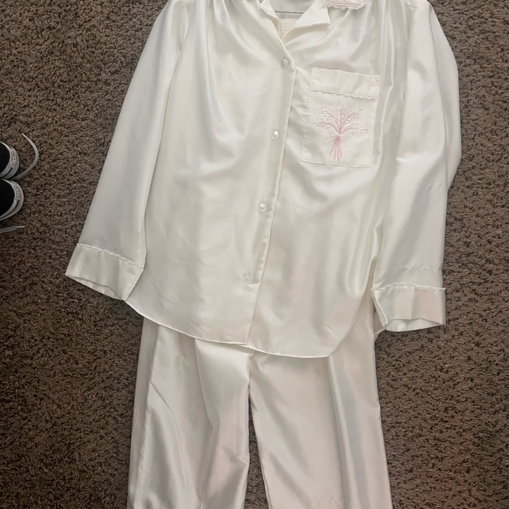 Dior Ivory Satin Pajama Set with Pink Pocket Embroidery